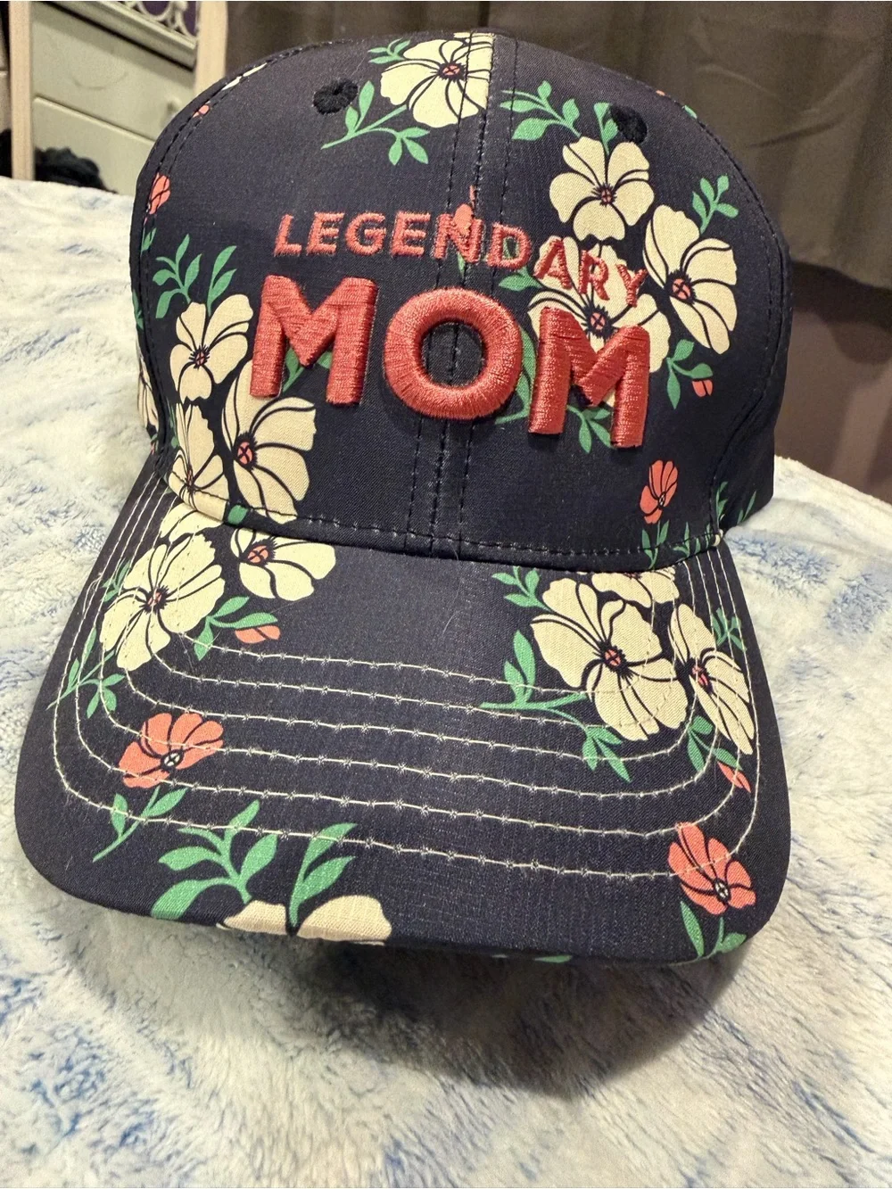 Legendary MOM Floral Baseball Cap - Navy with Cream & Coral Flowers